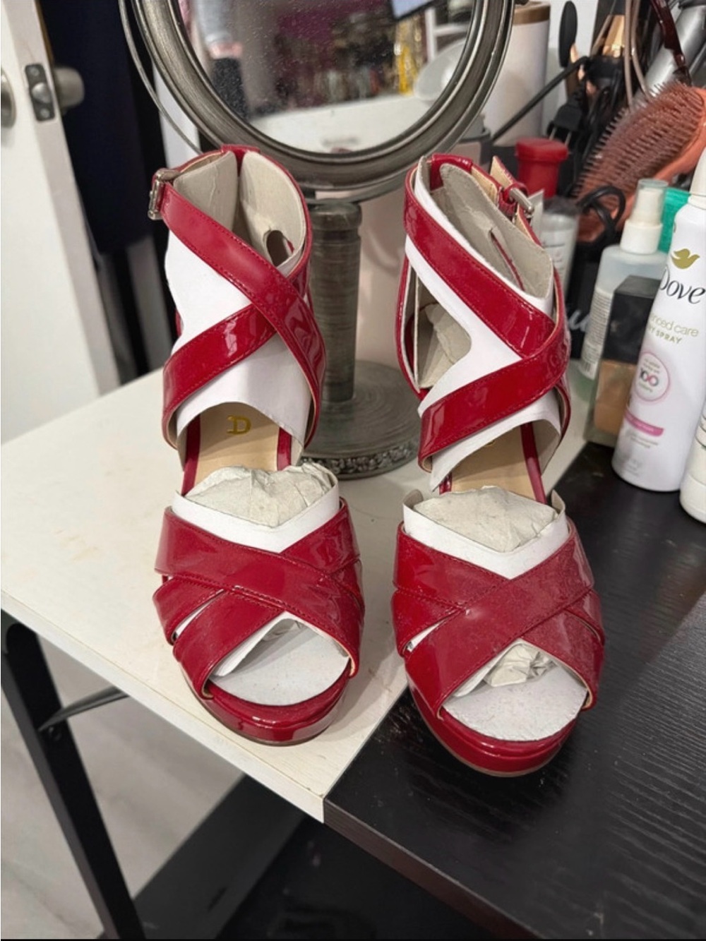 Women’s Red and White Patent Crisscross Platform Heels